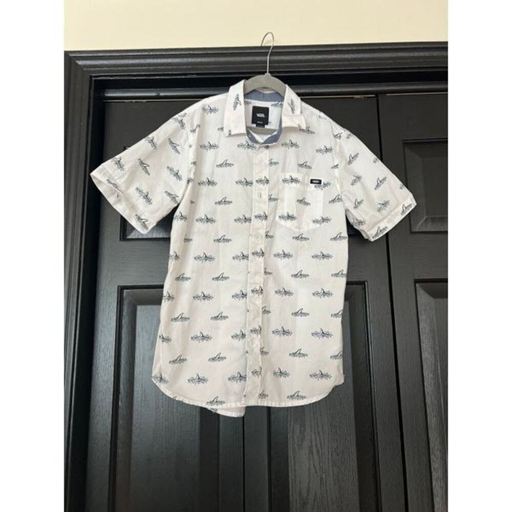 Vans Kids' Shark Fin Short Sleeve Cotton Button-Up Shirt in White at Nordstrom M